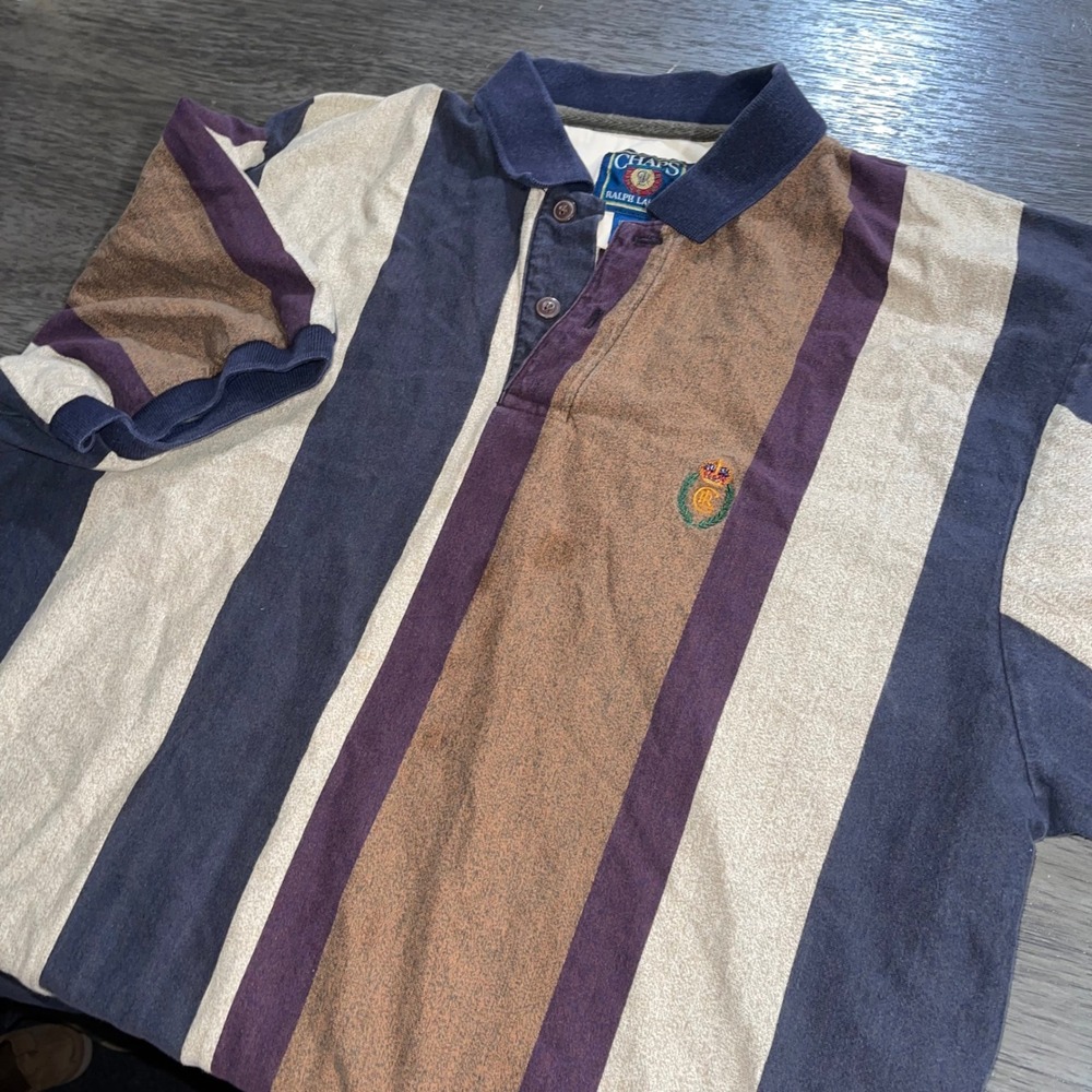 Vintage Chaps Mens XL Multicolor Striped Polo Shirt Crest Logo Short Sleeve Y2K